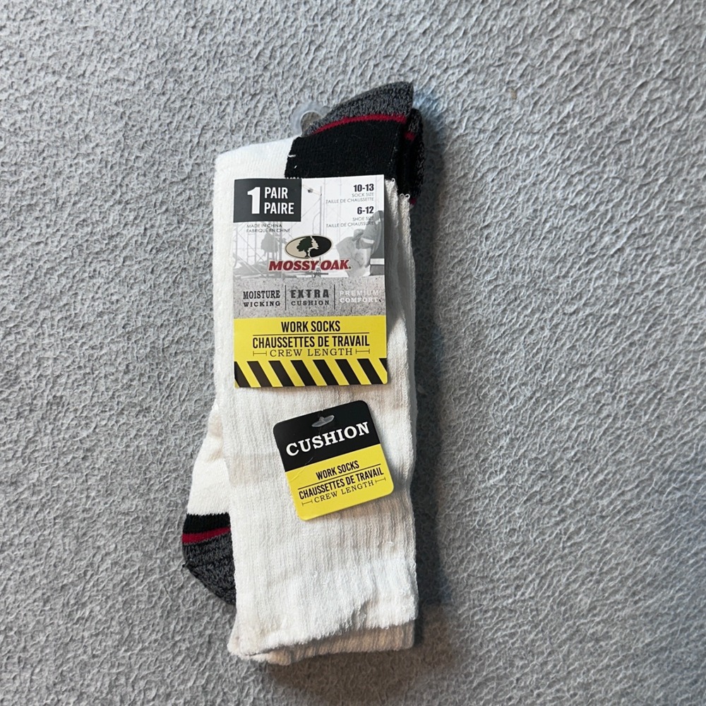 Mossy Oak Work Socks Mens 10-13 White Crew Length Extra Cushion Moisture Wicking
